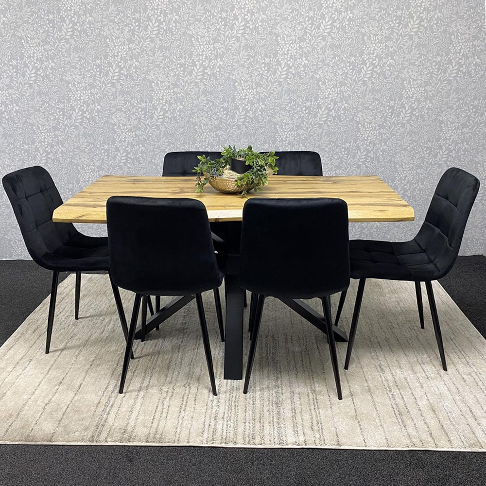 Kosy Koala 6 Seater Velvet and Wood Dinning Table Set Black and Brown Image 1