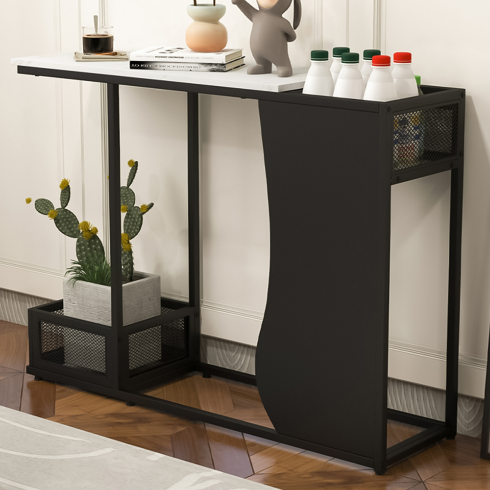 Costway Black and White Marble Console Table with 2 Mesh Storage Image 1