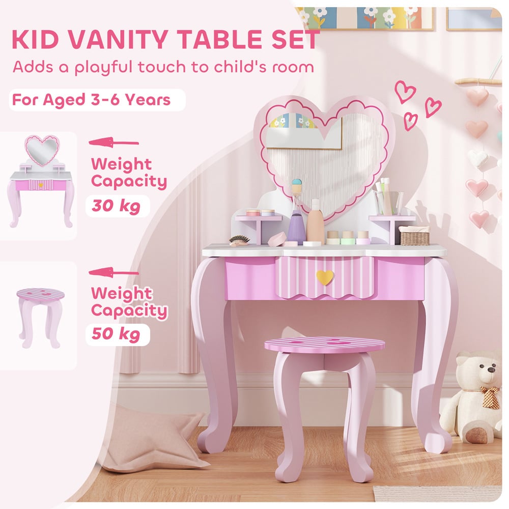 AIYAPLAY 2 Piece Pink Heart Mirror Kids Dressing Table Set Image 8