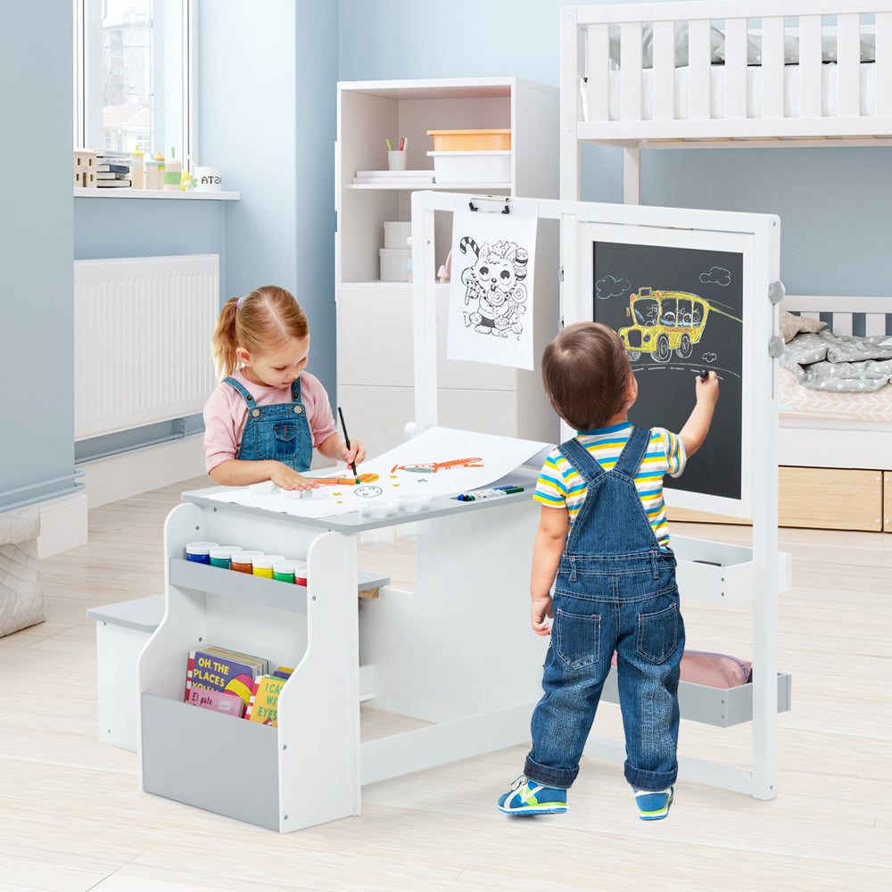 Costway Light Grey Kids Art Easel Table and Bench Set with Bookshelf Image 4