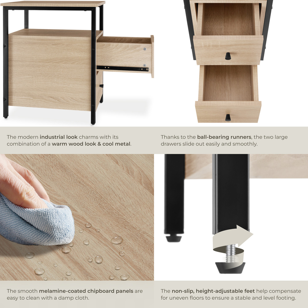 tectake Tullamore 2 Drawer Light Sonoma Oak Bedside Table Image 5