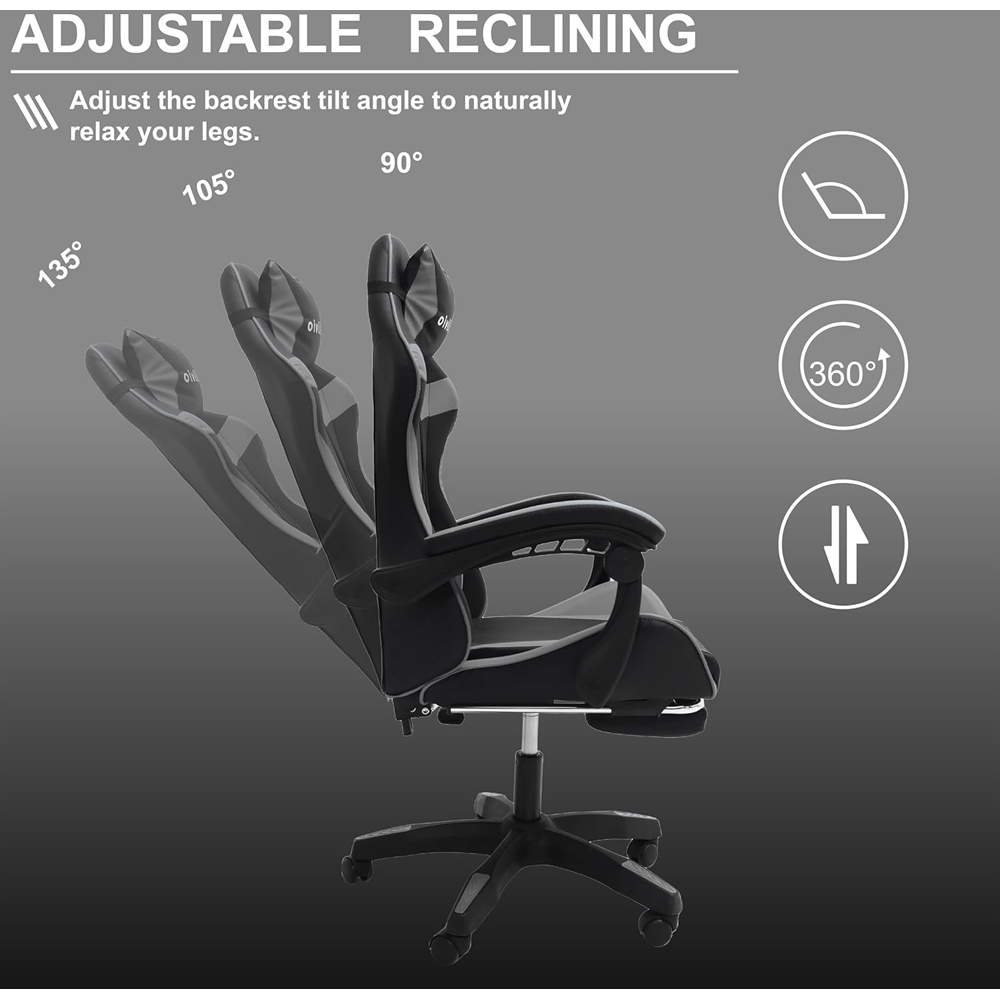 Alivio Black and Grey Ergonomic Swivel Gaming Chair with Footrest and Lumbar Support Image 6