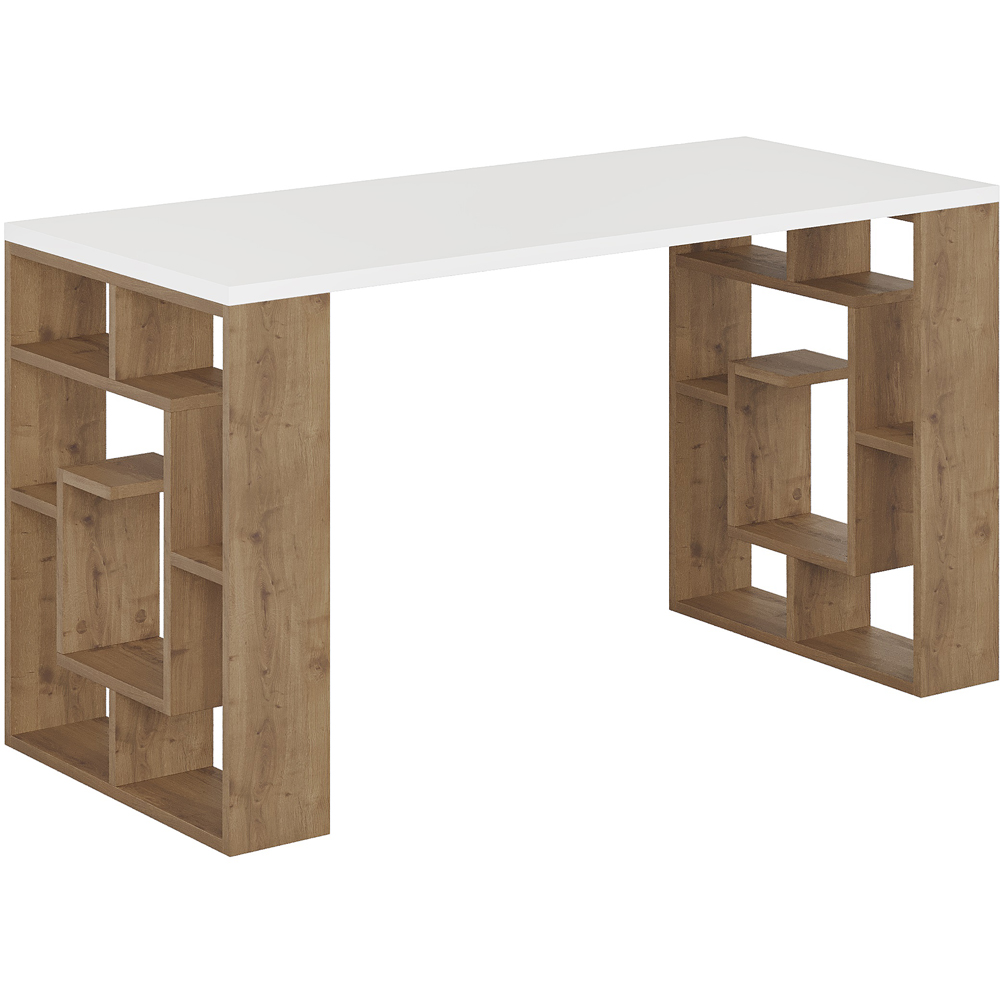 Decortie Labirent Bookshelf Leg Modern Computer Desk White and Oak Effect Image 2