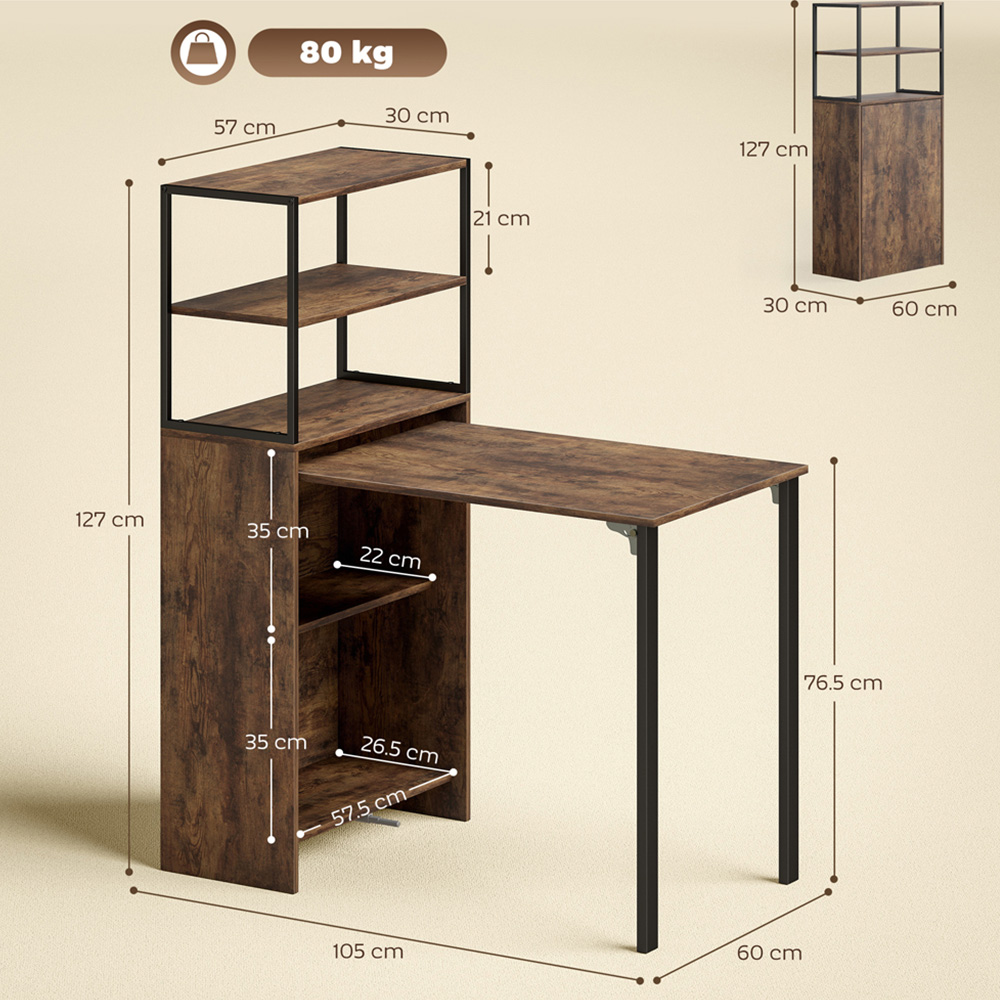 Portland 5 Shelf Foldable Multifunctional Computer Desk Rustic Brown Image 9