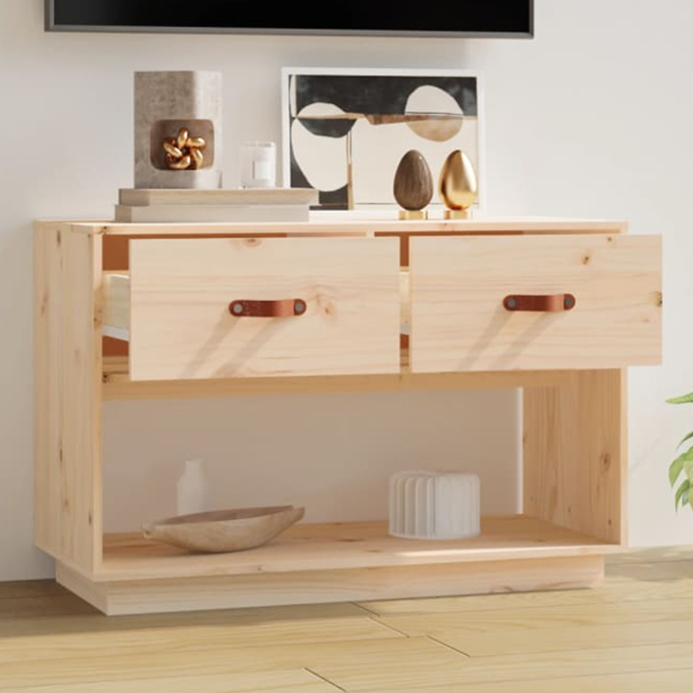 vidaXL 2 Drawer Single Open Shelf Natural Solid Wood Pine TV Cabinet Image 1