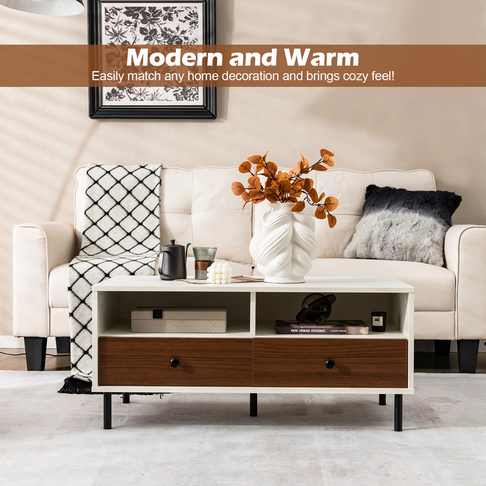 Costway 2 Drawer 2 Shelf White Coffee Table Image 4