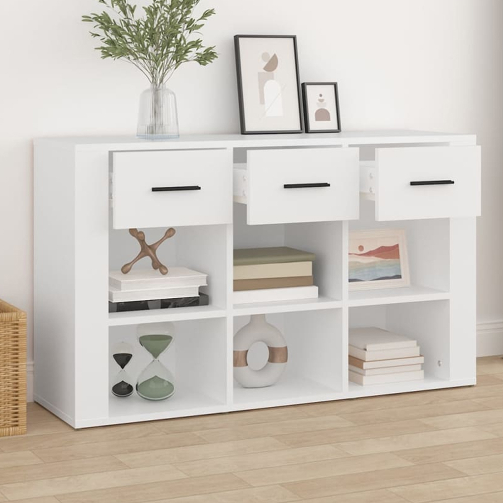 vidaXL 3 Drawer 6 Shelf White Wide Sideboard Image 1