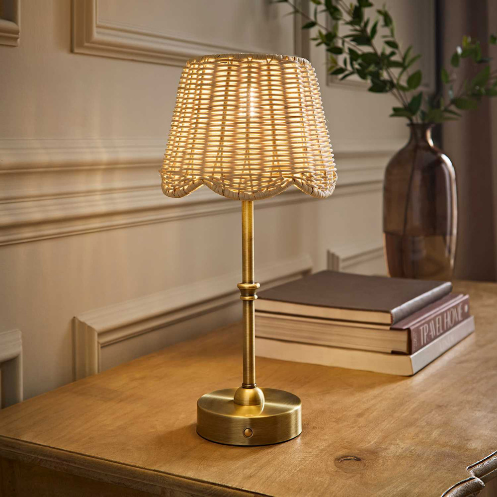 ValueLights Lowe Natural Rattan Taper Shade Brushed Gold Rechargeable Table Lamp with Bulb Image 6