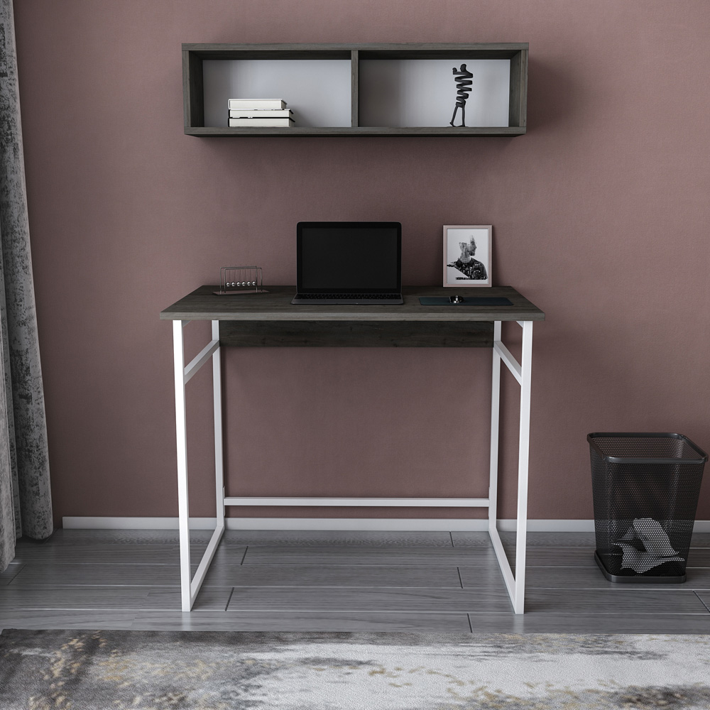 Decorotika Hussum Computer Desk with 2 Section Wall Shelf White Wenge Image 5