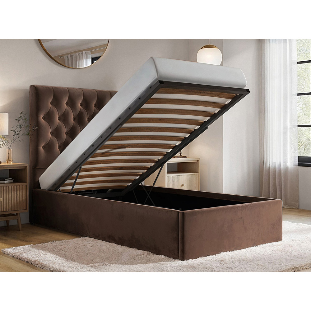 Flair Milan Single Brown Velvet Lift-Up Ottoman Bed Image 4