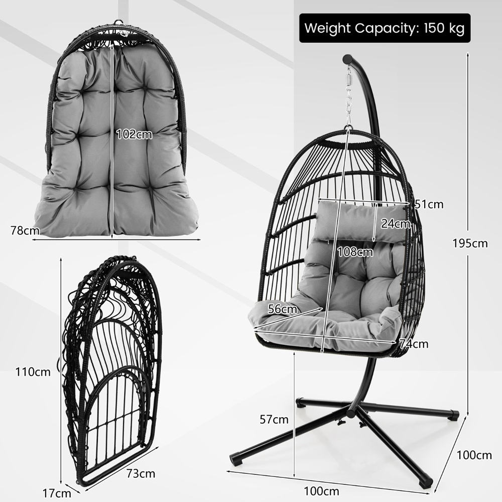 Costway Grey Hanging Swing Egg Chair with Cushion Image 9