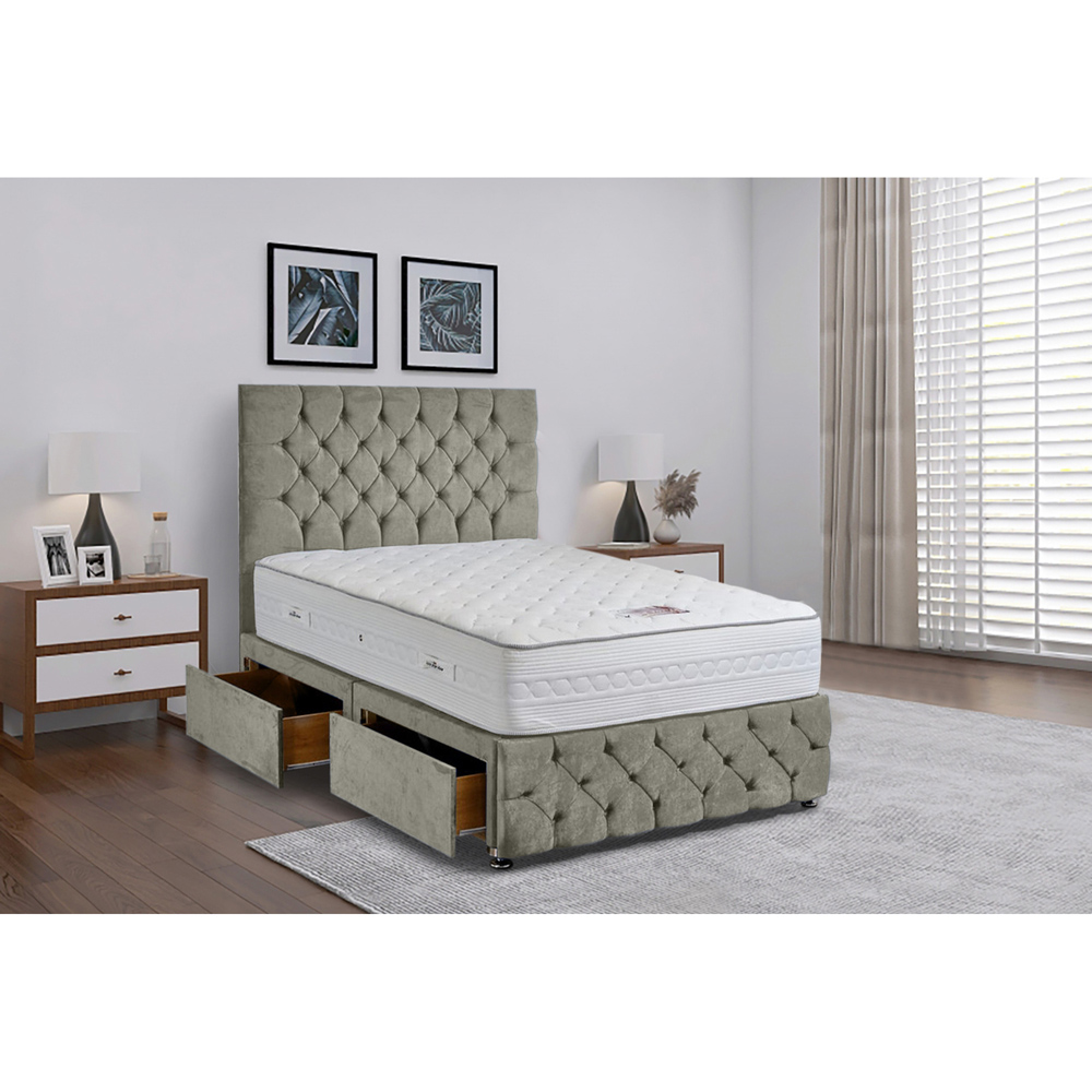 Eleganza Home Comfyzone Double Grey Plush Velvet Divan Bed with Chesterfield Headboard Image 2