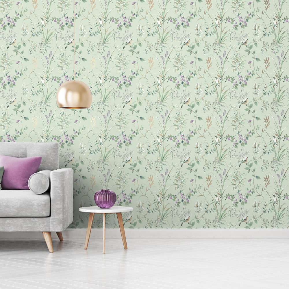 Crown Mariko Floral Mint and Plum Wallpaper Image 4