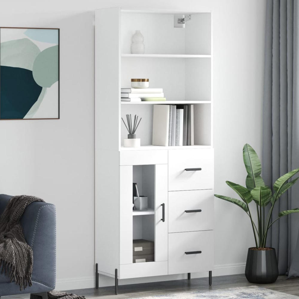 vidaXL Single Glass Door 3 Drawer 3 Shelf White Highboard Image 1