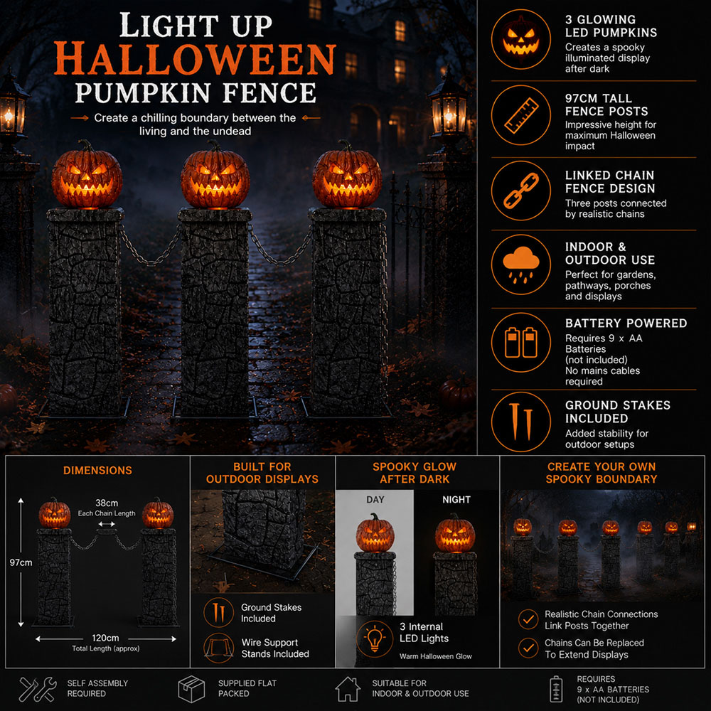 Samuel Alexander Battery Powered LED Light-Up Halloween Pumpkin Fence 97cm x 1.2m Image 9