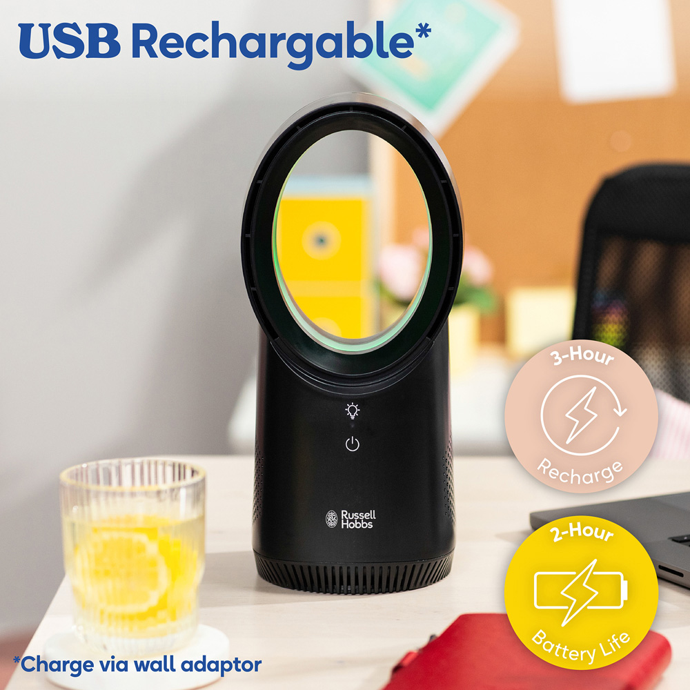 Russell Hobbs Black Quiet Bladeless Compact Desk Fan with USB Image 5