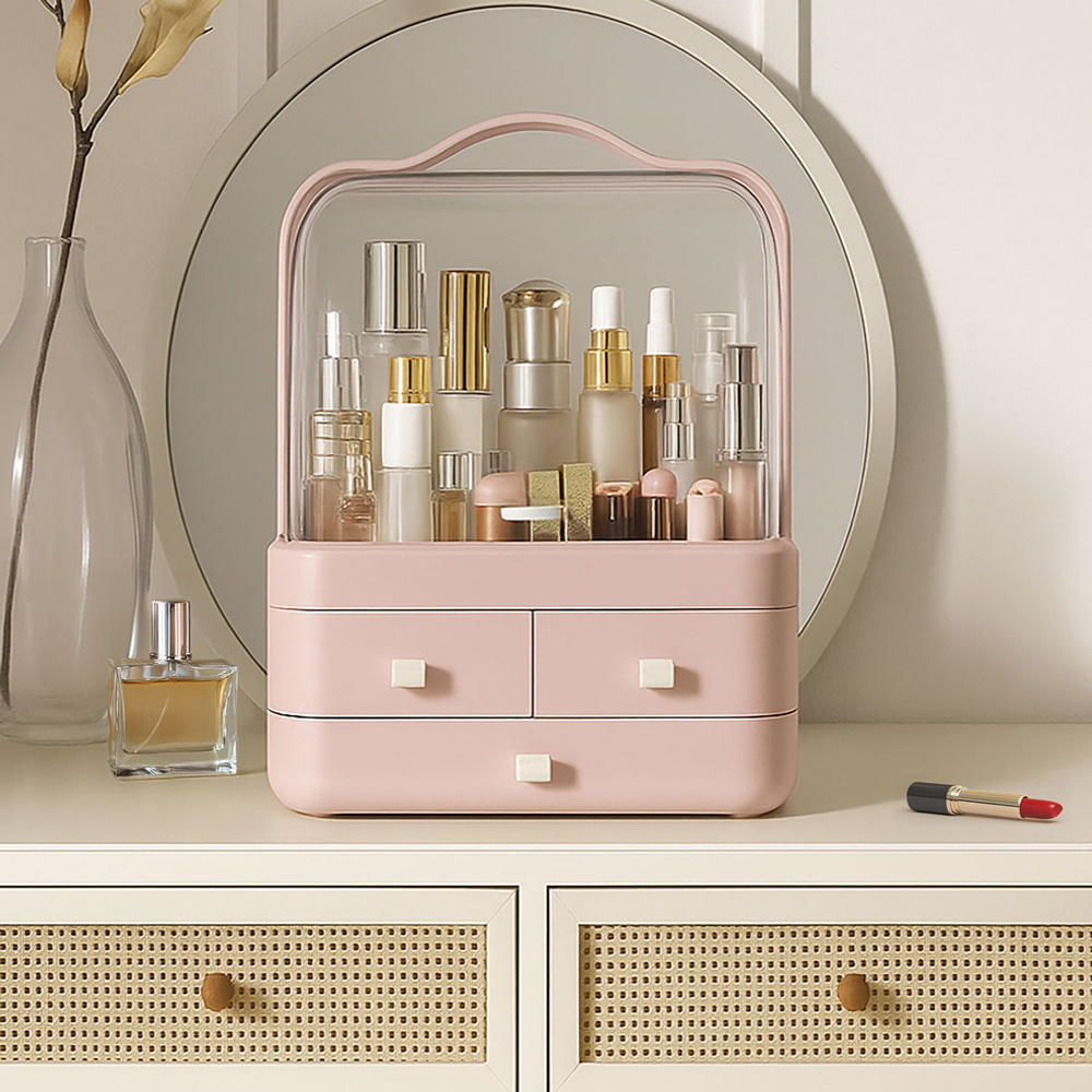 Neo 3 Drawer Pink Acrylic Makeup Storage Organiser with Lid Image 3