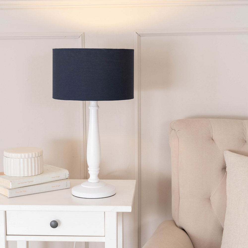 ValueLights Victoria Navy Blue Fabric Drum Shade White Wood Traditional LED Table Lamp Image 2
