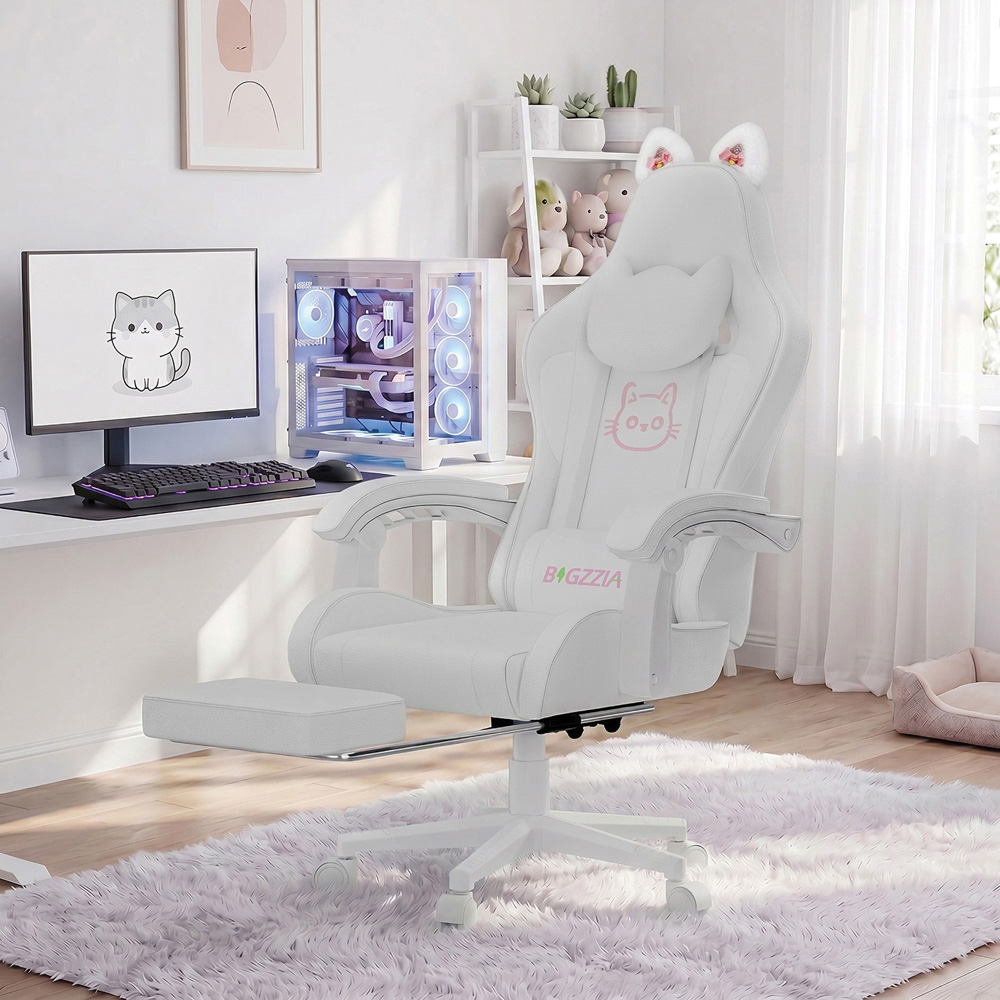 Rattrix White Cat Ears Gaming Chair with Massage Lumbar Support and Footrest Image 3