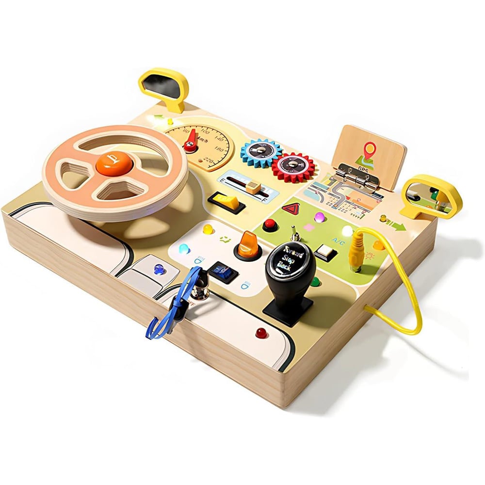 Dyzi Toddlers Montessori Busy Board Wooden Steering Wheel Sensory Toy Image 2