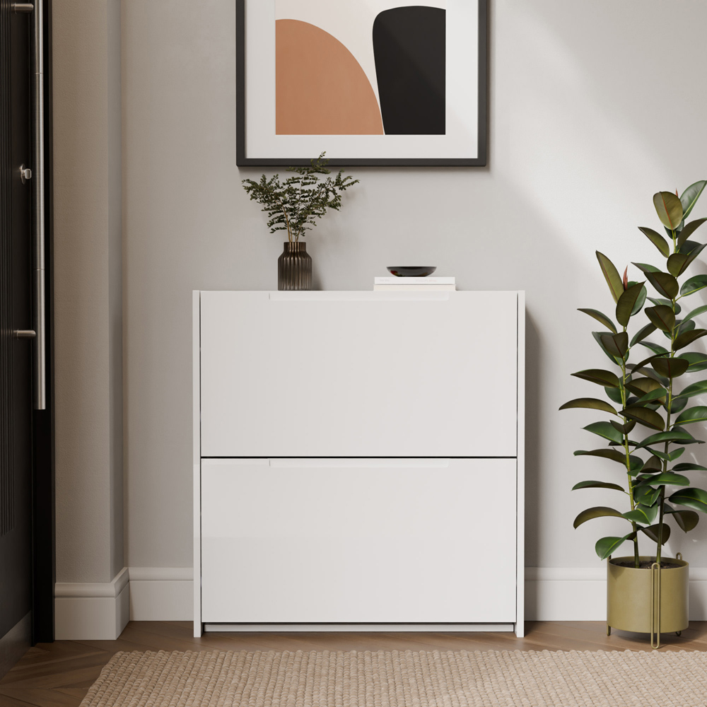 GFW 2 Tier White High Gloss Narrow Shoe Cabinet Image 7