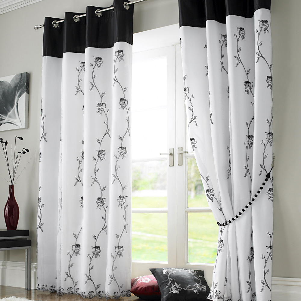 Alan Symonds Tahiti Black and White Floral Lined Ring Top Eyelet Voile Curtains 142 x 183cm Image 1
