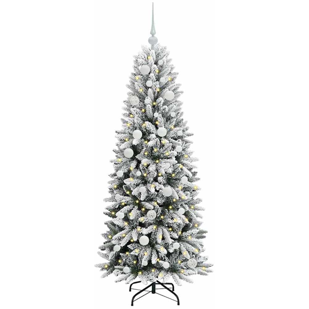 vidaXL Pre-Lit White Baubles Artificial Snow Flocked Christmas Tree 5ft Image 1