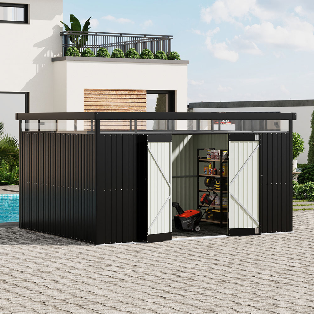 Living and Home 10 x 13ft Charcoal Black Garden Tool Storage Shed with Flat Roof Image 2