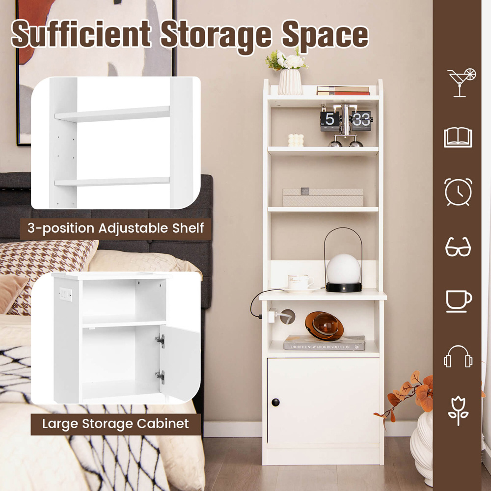 Costway Single Door 5 Shelf White Bedside Table with Charging Station Image 6