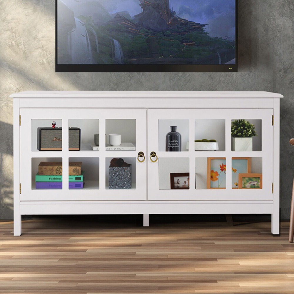 Costway 2 Glass Door White Wooden TV Unit Image 1