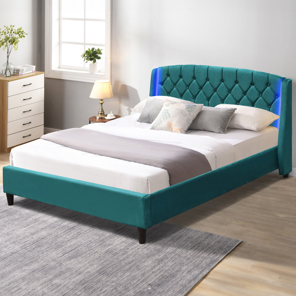 Comfy Living King Size Green Fabric Bed Frame with LED Headboard Image 1
