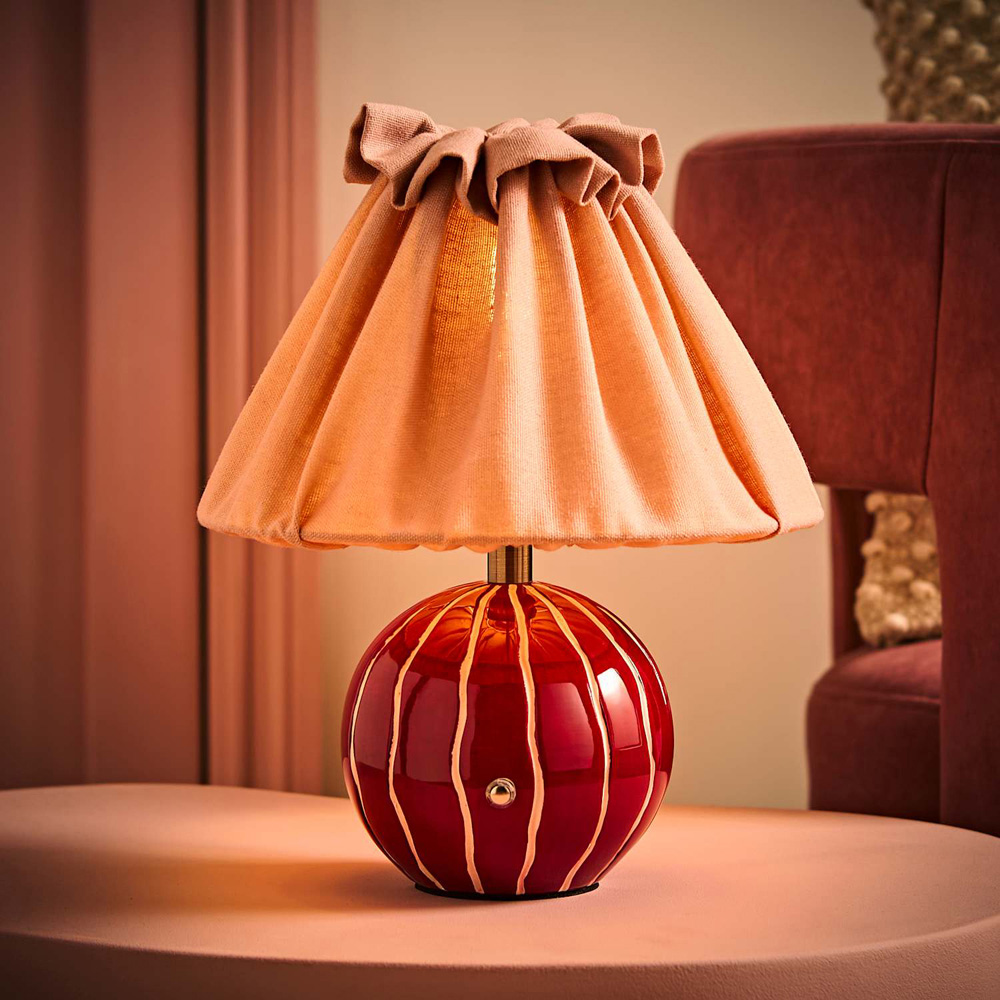 ValueLights Elma Pleated Linen Burgundy Stripe Ceramic Rechargeable Table Lamp Image 2
