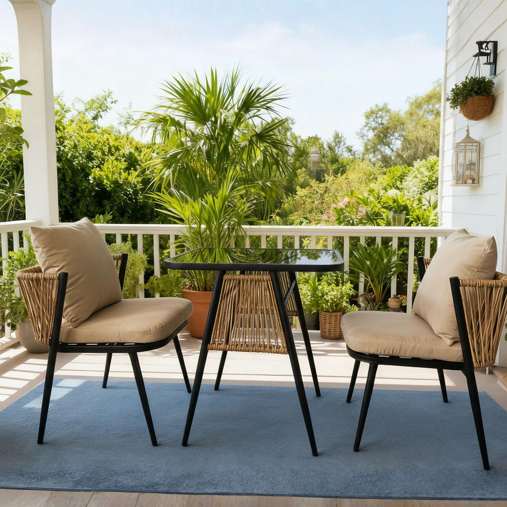 Home Source Valena 2 Seater Natural and Black Rattan Metal Bistro Set Image 4