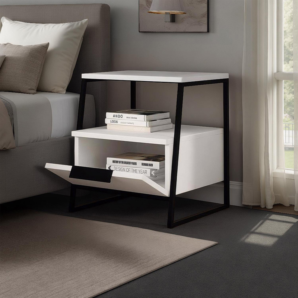 FWStyle Pal Single Door Single Shelf White Bedside Table Image 2
