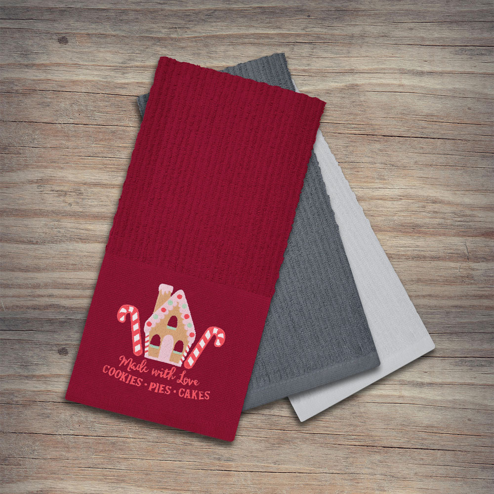 Noel Square Gingerbread House Red Tea Towel 3 Pack Image 2