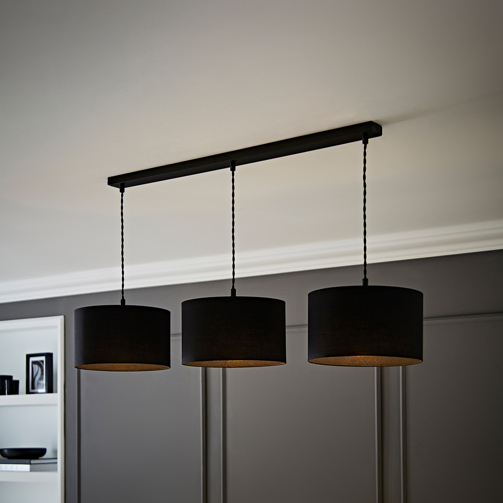 ValueLights Reni Black Fabric Drum Shade 3 Drop Bar Black Diner LED Ceiling Light Image 2