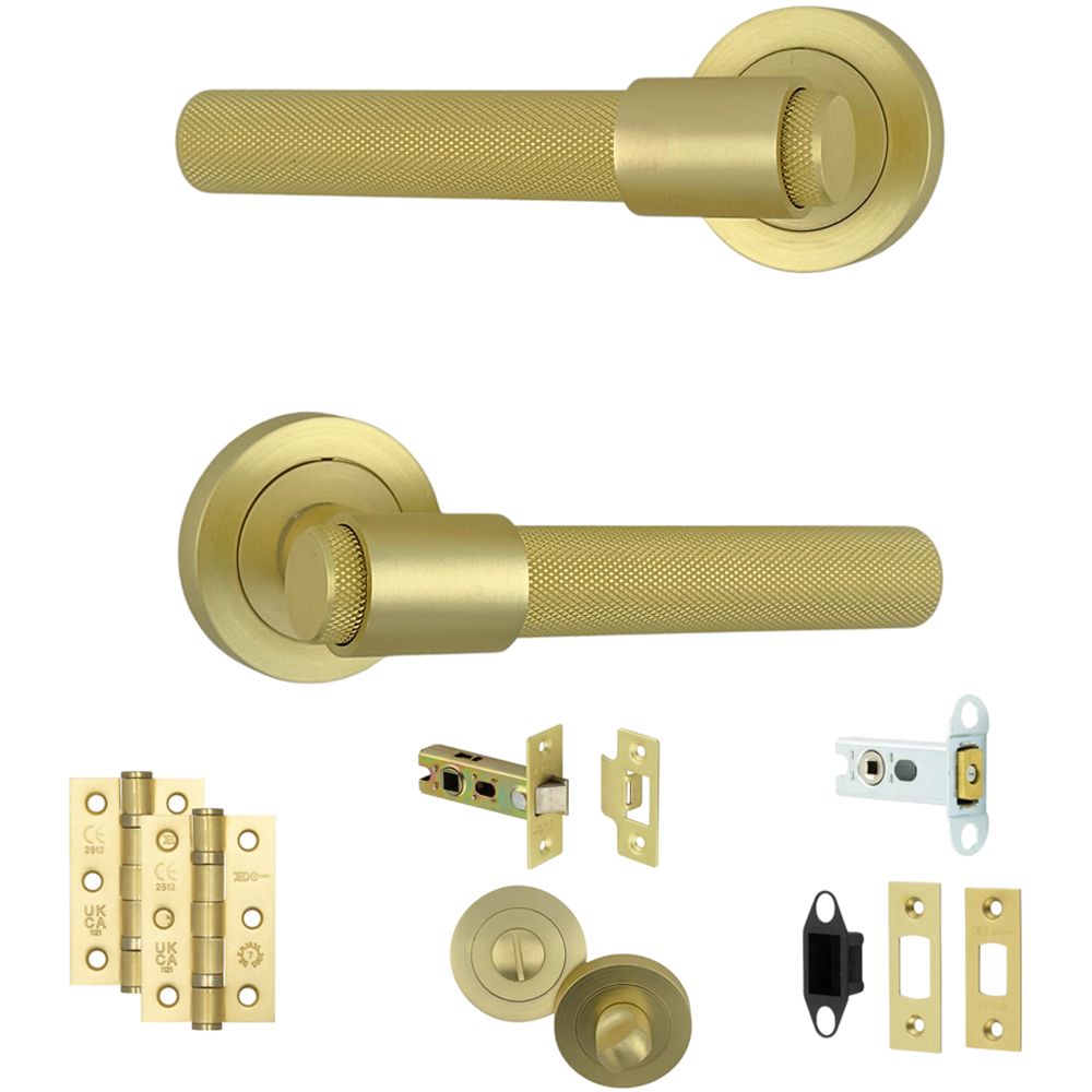 AXS Hardware Dakota Satin Brass Knurled Bathroom Door Handles on Rose 2 Pack Image 1