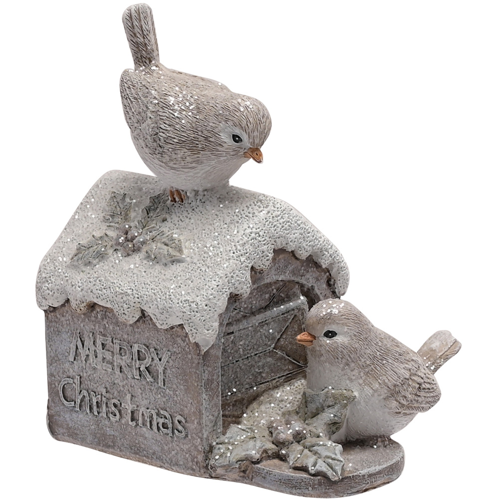 The Christmas Gift Co Silver LED 2 Robins on House Figurine Image 1