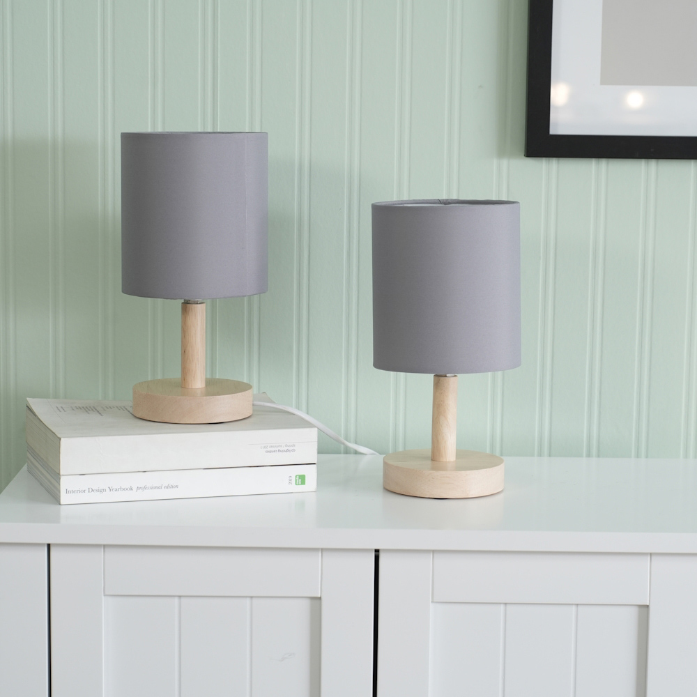 ValueLights Nelly 2 Pack Grey Shade Wooden Base LED Bedside Table Lamp Image 3