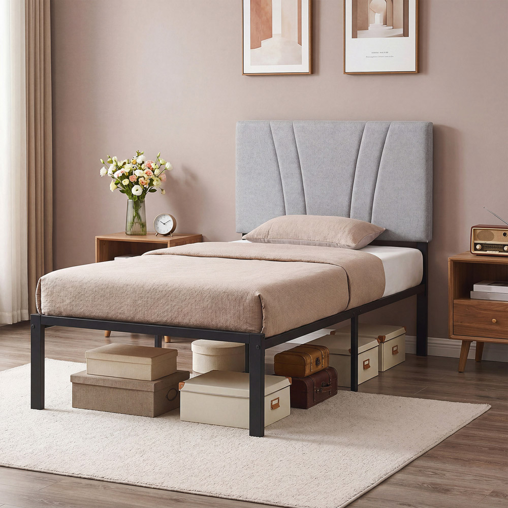 HOMCOM Single Black and Grey Bed Frame with Upholstered Headboard Image 4