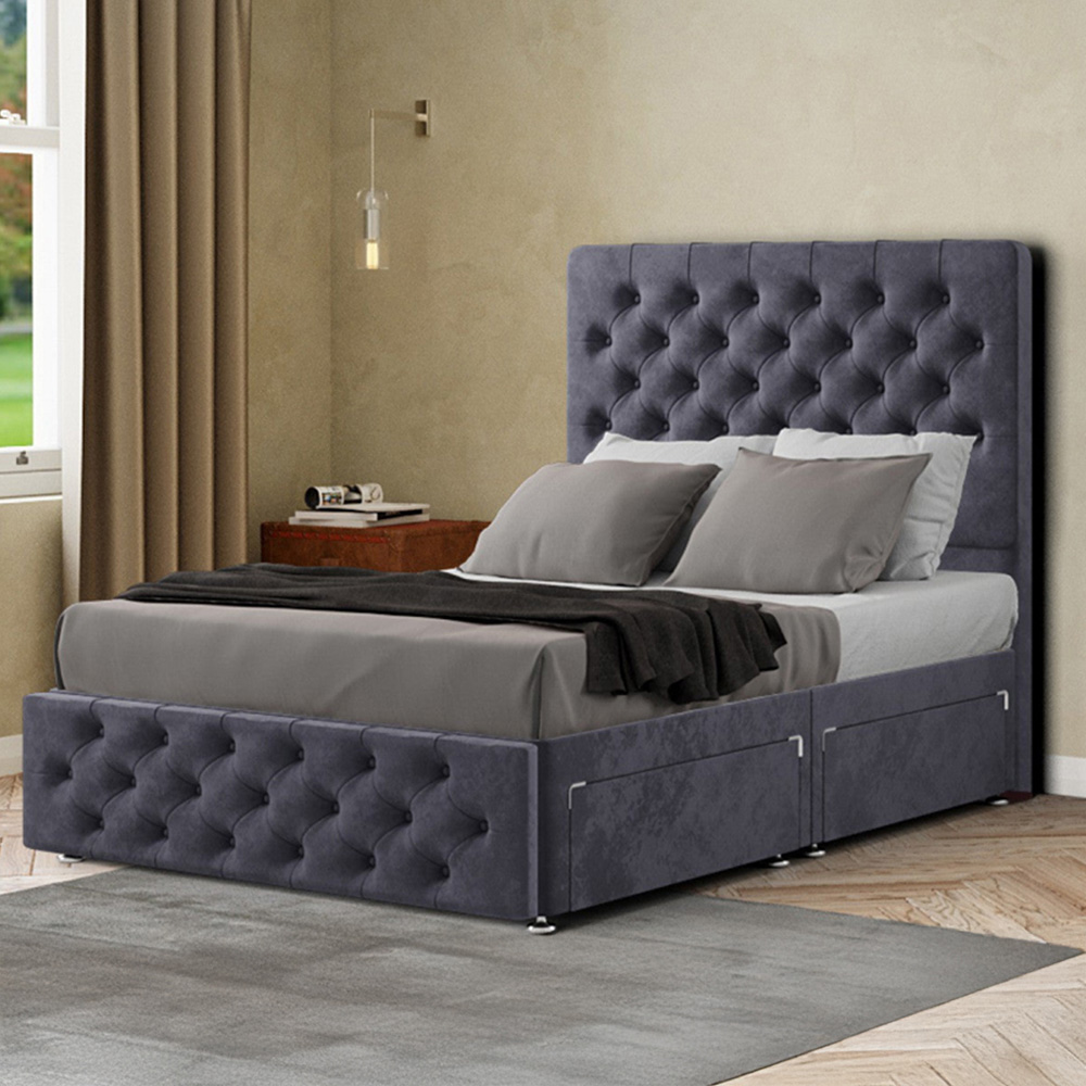 Portland Mary Chesterfield Double Steel Plush Divan Bed with 2 Drawer and Headboard Image 1