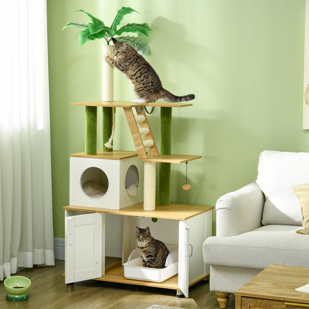 PawHut Enclosure Oak Cat Litter Box with Leaf Cat Tree Image 2
