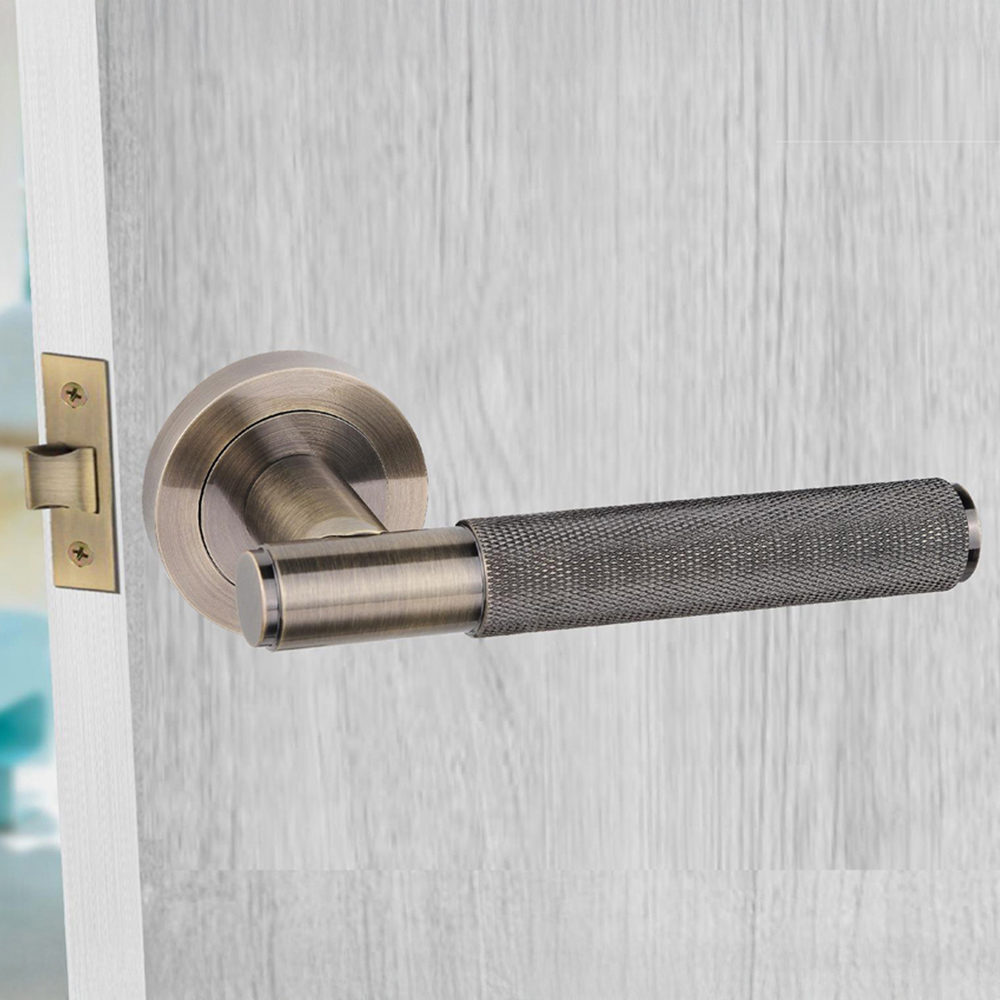Golden Grace Straight T-Bar Knurled Antique Brass Door Handles Thumbturn and Mortise Lock Set Image 2