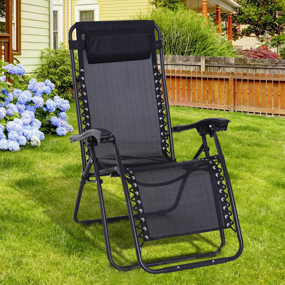 Outsunny Black Metal Reclining Chair with Head Pillow Image 1