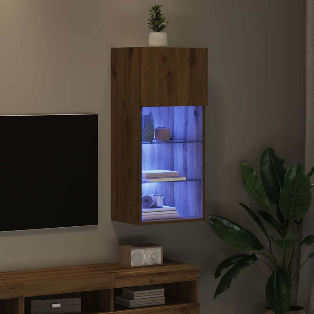 vidaXL Single Door 3 Shelf Artisan Oak Wide Wall Mounted LED TV Unit Image 9