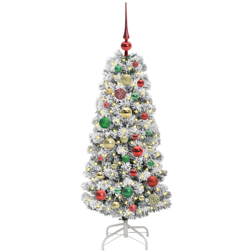 vidaXL Pre-Lit Warm White LED and Multicolour Baubles Snow Flocked Artificial Christmas Tree 4ft Image 1