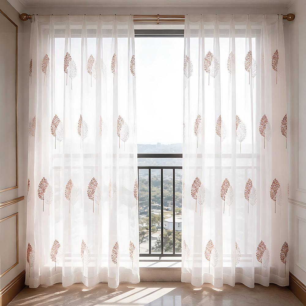 Living and Home Semi-Sheer Embroidered Leaf Curtains 130 x 210cm Image 1