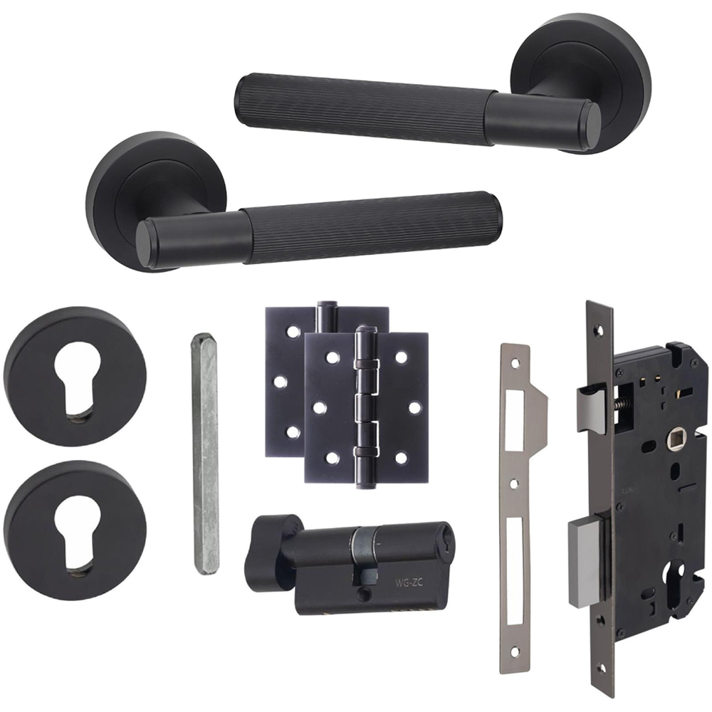 Golden Grace Straight T-Bar Linear Matt Black Door Handles Euro Lock and Thumbturn Key Set Image 1