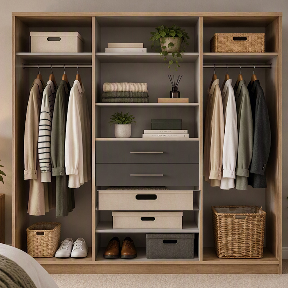 TJ'S Lviv 4 Door 2 Drawer Oak and Grey Wardrobe with Mirror Image 4