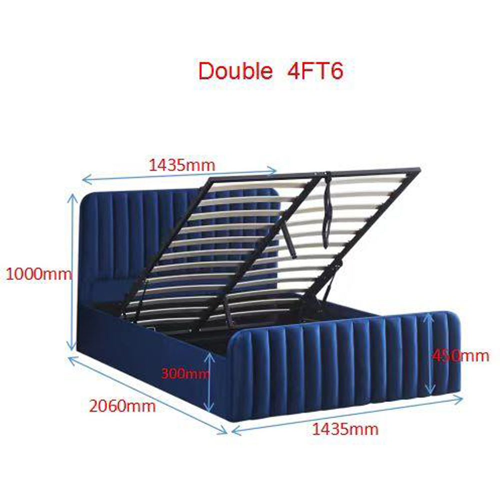 Portland Wave Double Blue Velvet Ottoman Bed with Mattress Image 6